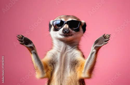 Cute Meerkat in glasses showing two palms to camera, making surprise gesture, on pink studio background.