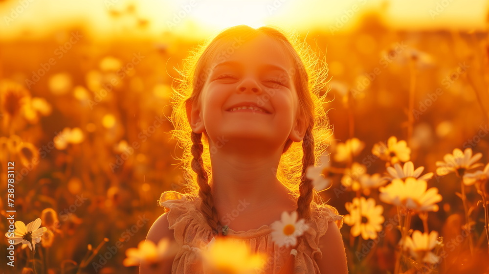 A joyful young girl stands in a field of daisies at sunset, radiating happiness with a beaming smile. A joyful young girl stands in a field of daisies at sunset, radiating happiness with a beaming smile.