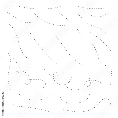 Dotted line doodle set. Hand drawn dashed different way element. Linear route collection. Vector isolated on white. Hand drawn dotted line vector set