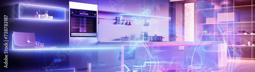 Futuristic kitchen with purple neon lights and abstract blue waves