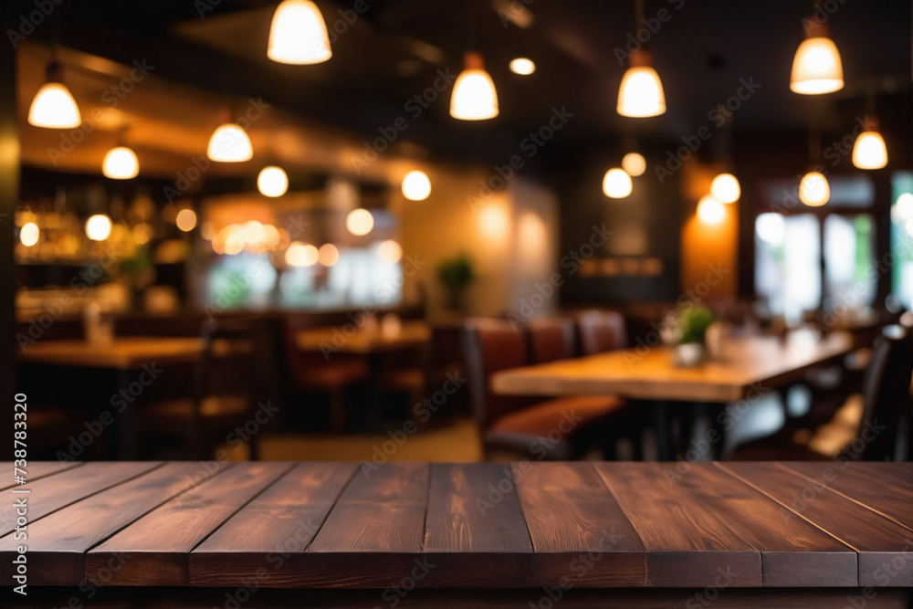 Empty dark wooden table in front of abstract blurred bokeh background of restaurant. Can be used for display or montage your products Empty dark wooden table in front of abstract blurred bokeh background of restaurant. Can be used for display or montage your products