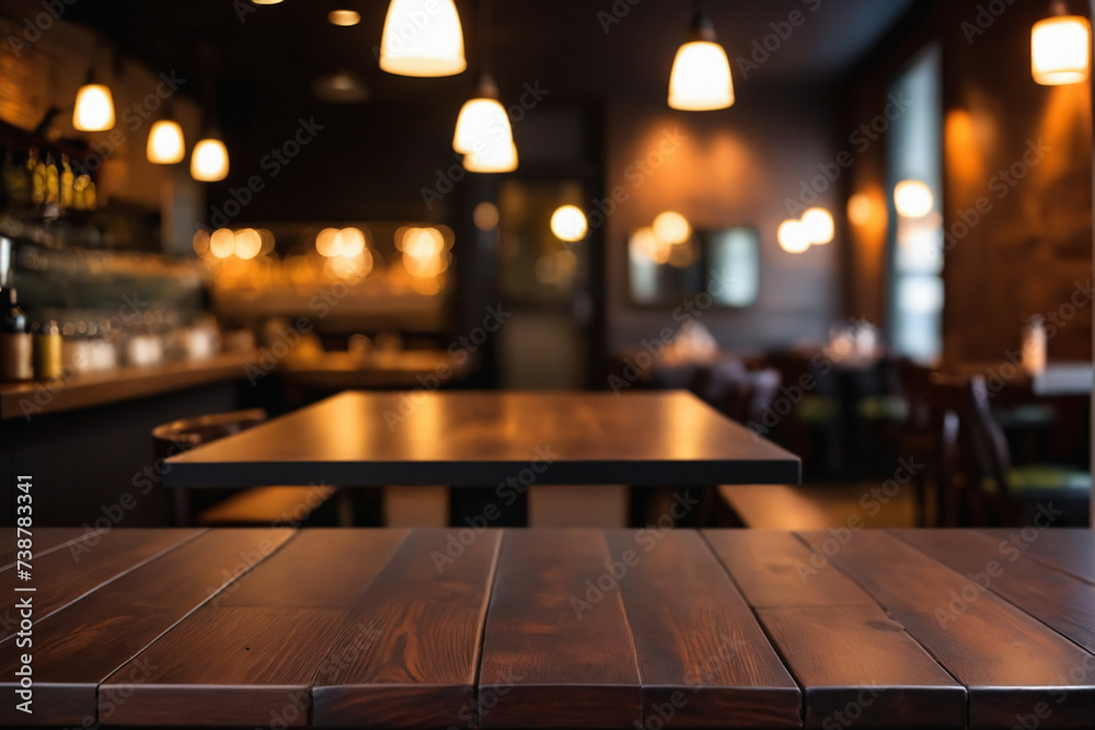 Empty dark wooden table in front of abstract blurred bokeh background of restaurant. Can be used for display or montage your products Empty dark wooden table in front of abstract blurred bokeh background of restaurant. Can be used for display or montage your products