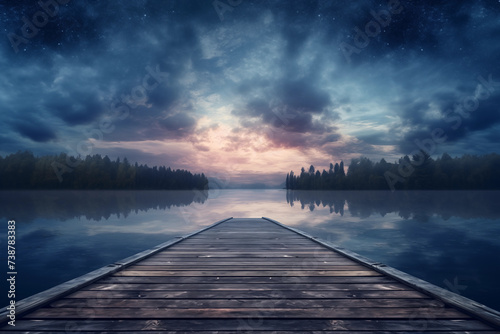 The view from the pier on beautiful lake at night