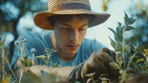 A young man in a straw hat and hands in gloves is engaged in gardening work, planting flower seedlings, plant seeds. A professional gardener cultivates plants, farms penutia seedlings on a sunny day.