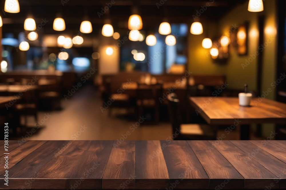 Empty dark wooden table in front of abstract blurred bokeh background of restaurant. Can be used for display or montage your products