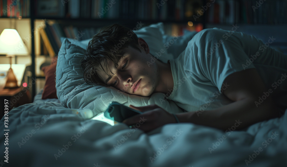 Young man lying in bed under warm blanket and surfing internet using modern smartphone in late night hours in a bedroom. Unhealthy devices usage, Digital hygiene, insomnia concept image. Young man lying in bed under warm blanket and surfing internet using modern smartphone in late night hours in a bedroom. Unhealthy devices usage, Digital hygiene, insomnia concept image.