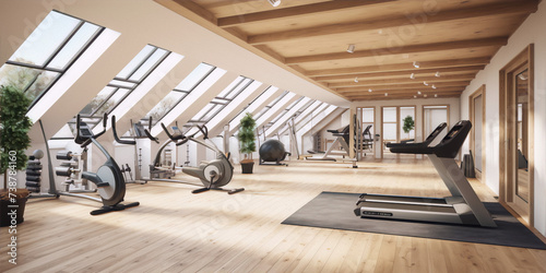 Bright and Airy Home Gym with Wood Floors and Large Windows © mardiaek