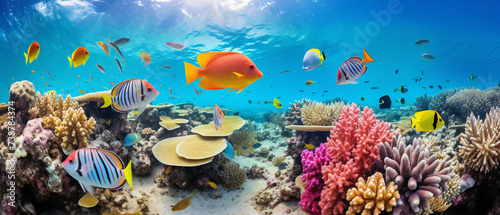 Vibrant tropical fish gracefully swim in a coral reef, creating a beautiful array of colors.