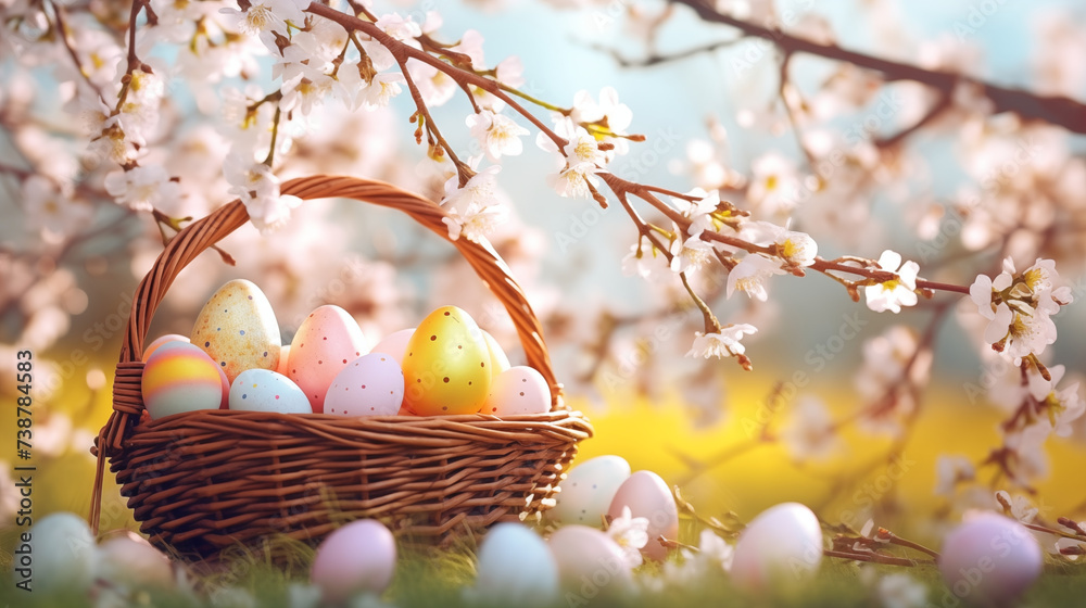 Jasne tło na życzenia Wielkanocne. Alleluja - Wesołych świąt Wielkiej Nocy. Jajka, kwiaty i inne wiosenne dekoracje. - obrazy, fototapety, plakaty 