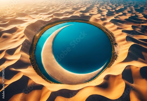 a lake in the shape of the crescent moon of Ramadan, situated in the middle of the desert photo