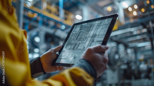 an engineer's hands holding a tablet with a 3D model of a building under construction, machinery operating in the blurred background, emphasizing modern construction techniques