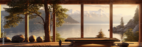 Tranquil yoga room with a view of a mountain lake at sunrise #738784712