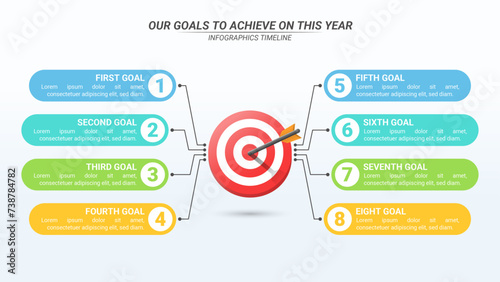 Goals to Achieve Infographic with 8 Options and Editable Text on a 16:9 Ratio for Business  Goals, Targets, and Website Design.