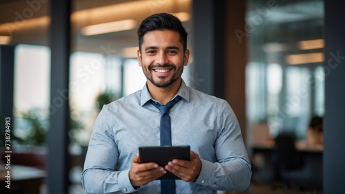 Happy young adult latin hispanic businessman executive entrepreneur holding tablet in office building