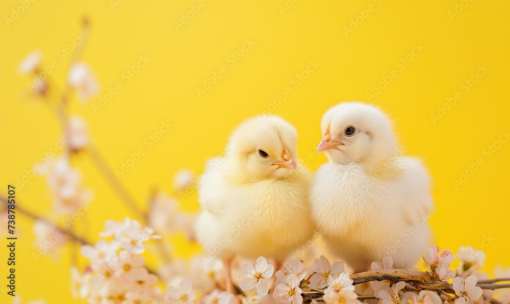 Two very small chickens on a yellow background. Greeting card for Easter. Happy easter!