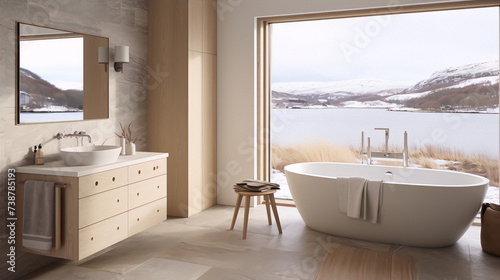 Bathroom interior with large window and freestanding bathtub, lake and mountains view, 3d render