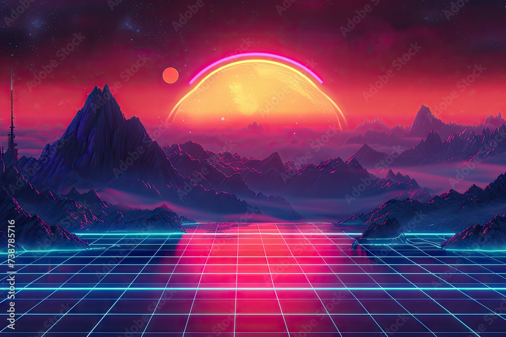 Fototapeta premium a 90s cg animation background, red white and blue neon, retro synthwave screensaver