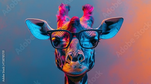 Funny giraffe wearing sunglasses in studio with a colorful and bright background.