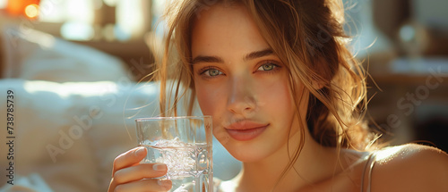 Woman drinking water from a glass.