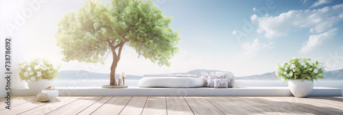 3D rendering of a modern terrace with a large tree, flowers, and a comfortable sofa