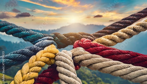 rope on a yacht Team rope diverse strength connect partnership together teamwork unity communicate support. Strong diverse network rope team concept integrate braid color background cooperation empowe photo