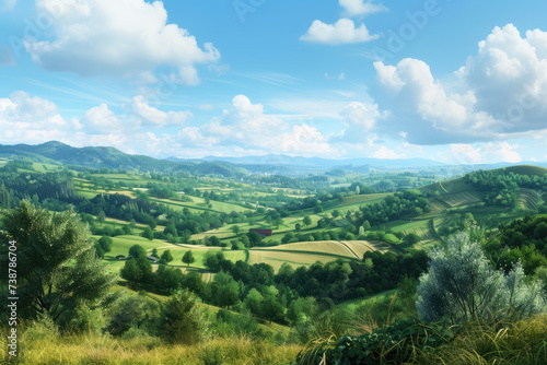 landscape scene of the Kraichgau region by day. The picture should show rolling hills surrounded by lush forests