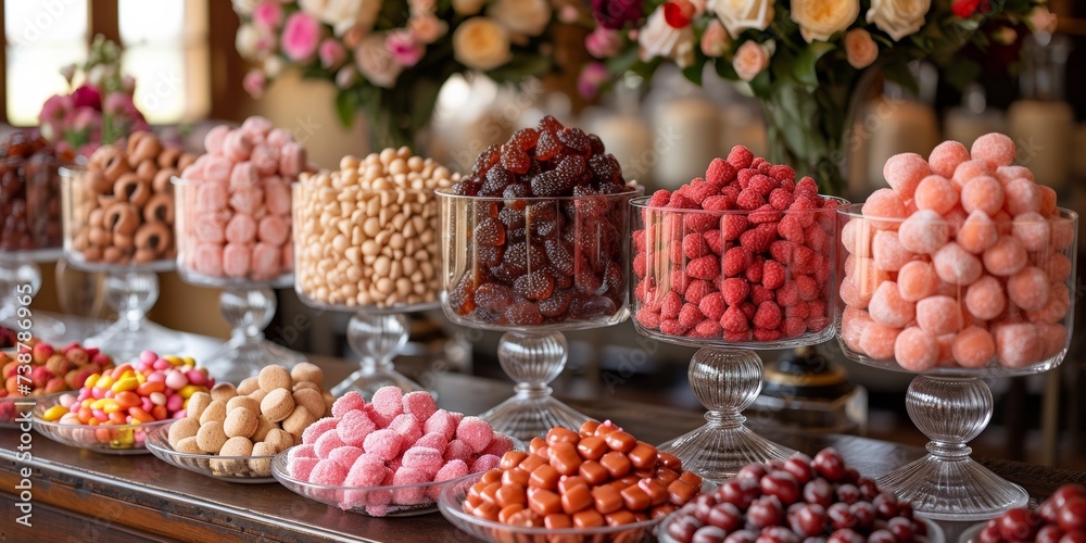 A colorful array of delicious desserts decorate the festive banquet table, tempting guests.
