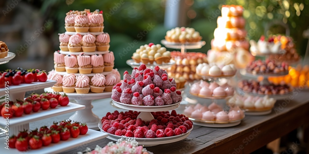 A beautifully decorated dessert table with an assortment of delicious cakes, cupcakes and sweets for the celebration.