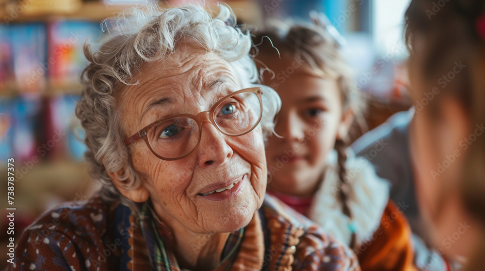 A retired teacher volunteering at a local school, sharing stories and life lessons with eager young minds, love, respect, mercy A retired teacher volunteering at a local school, sharing stories and life lessons with eager young minds, love, respect, mercy