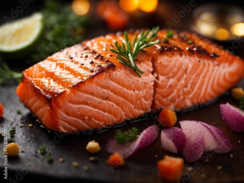 Fresh salmon fillet steak with veggies, cinematic food photography, cuisine photo