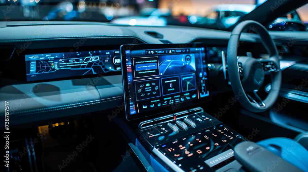 The inside of a contemporary electric car displays an illuminated blue dashboard and a central touch console, reflecting cutting-edge design.