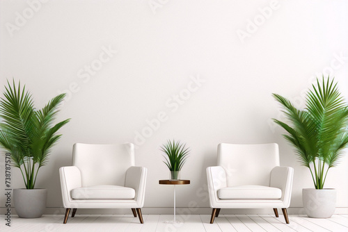 Two white armchairs in a white room with potted palm plants, white background, 3d render