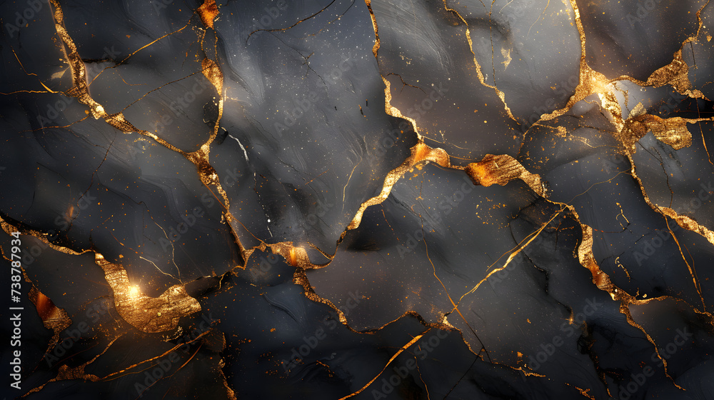 A black and gold marble pattern with cracks throughout. The background is a dark color with lighter gold and grey patches.