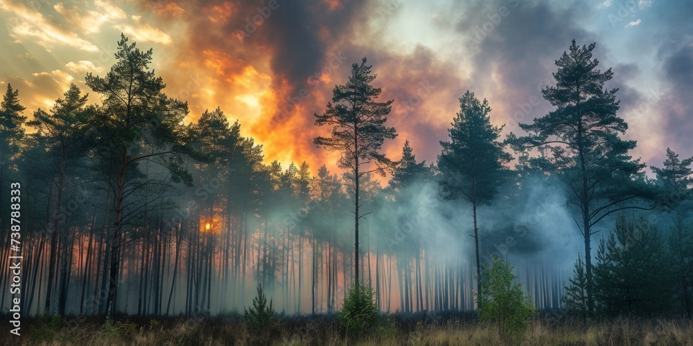 A wildfire threatens the environment by emitting smoke and causing damage to trees, wildlife and the ecosystem.