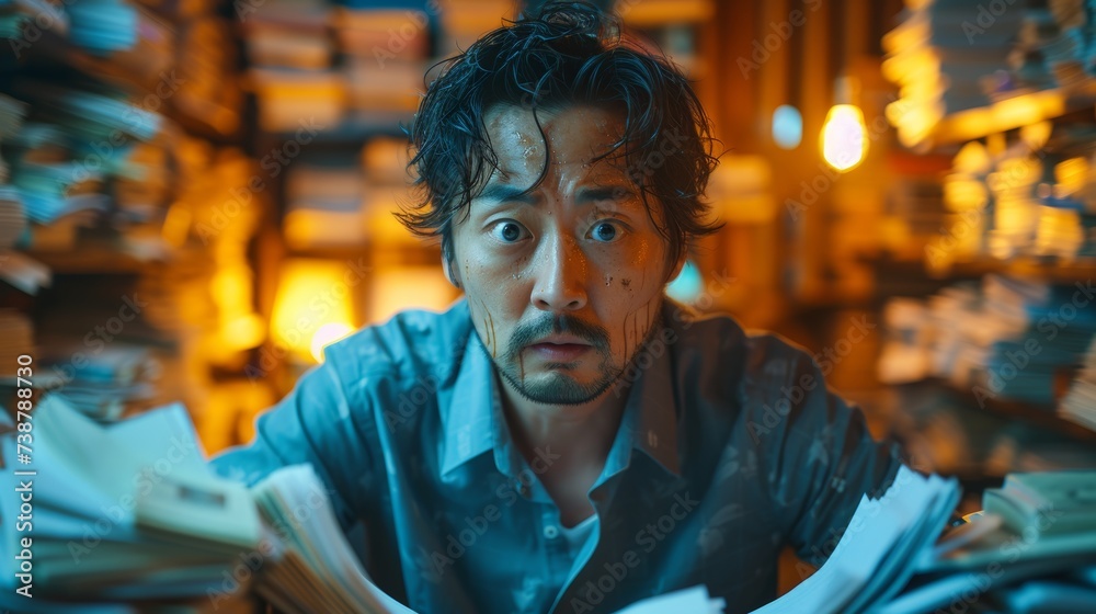 A man appears overwhelmed by paperwork, sitting at a desk surrounded by stacks of books