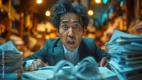 A shocked man in a suit surrounded by stacks of paper with an open book