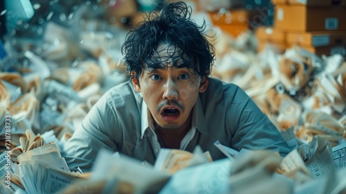 A man appears shocked amidst a chaotic pile of paper documents, creating a sense of overwhelming disarray © TheGoldTiger