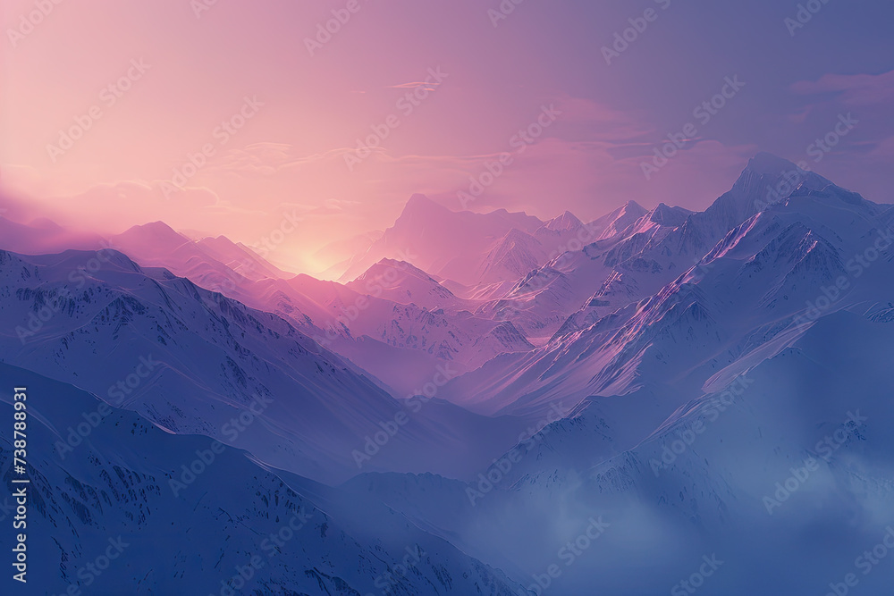 snow capped mountains, dusk, mist, sky, sunset feeling, ultra wide - obrazy, fototapety, plakaty 