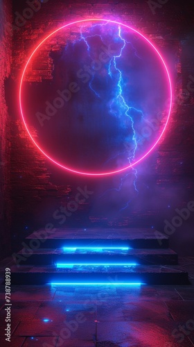 A glowing neon circle with a lightning bolt  atop illuminated stairs  creates a mystical  futuristic portal  generative ai