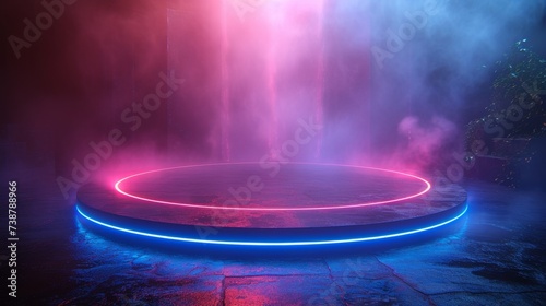 A neon-lit circular platform glows with vivid blue and pink lights amidst atmospheric mist and darkness, generative ai