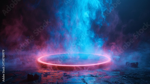 A glowing neon circle on the ground emits blue smoke in a dark, moody atmosphere, generative ai