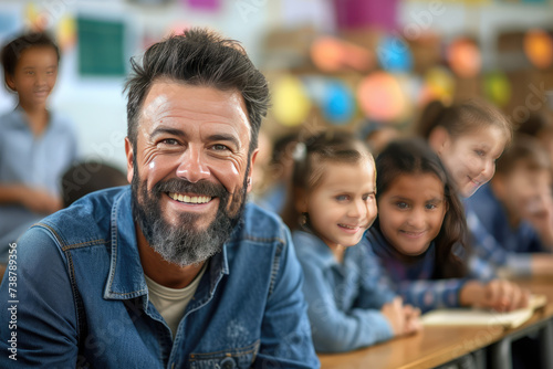 Portrait of smiling male teacher in a class at elementary school looking at camera