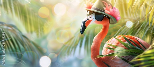 a flamingo wearing sunglasses and hat
