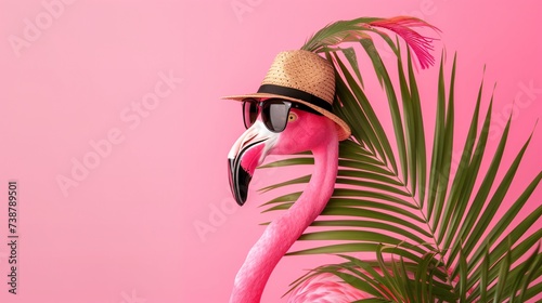 a pink flamingo wearing a hat and sunglasses © VSTOCK