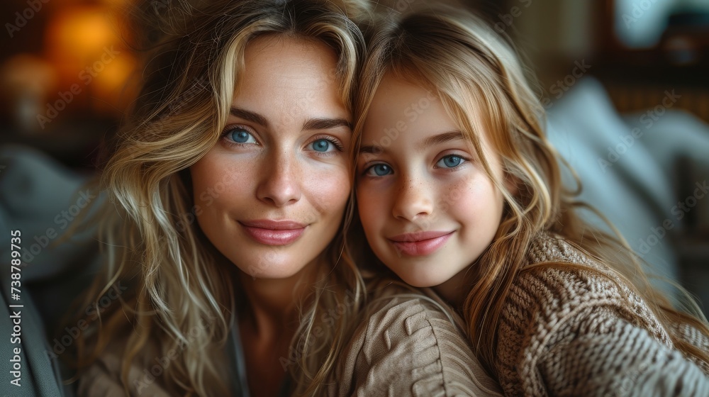 A woman and a young girl with similar features, likely family, cuddling in a warm setting A woman and a young girl with similar features, likely family, cuddling in a warm setting