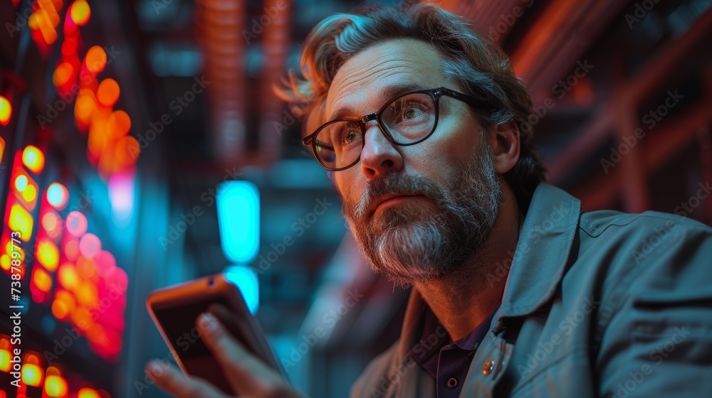 A man with glasses looks surprised while holding a smartphone in a neon-lit environment A man with glasses looks surprised while holding a smartphone in a neon-lit environment