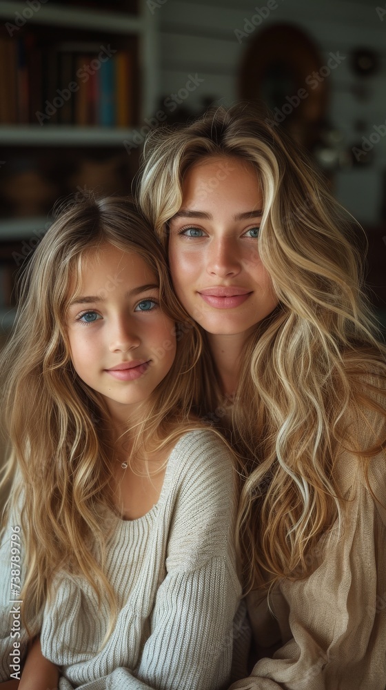 Two individuals with blonde hair and blue eyes are smiling closely together in a cozy setting Two individuals with blonde hair and blue eyes are smiling closely together in a cozy setting