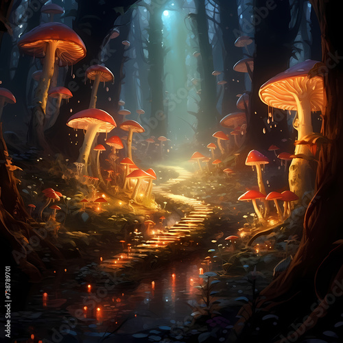Enchanting forest with glowing mushrooms. 