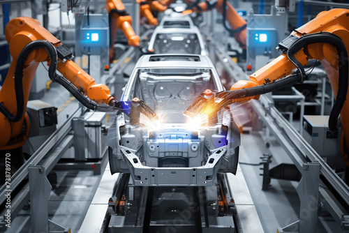 robotic arms welding parts on car body on automated production line photo