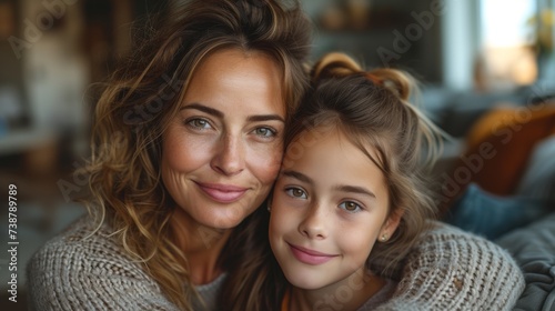 A smiling woman and a young girl  possibly mother and daughter  are posing close together